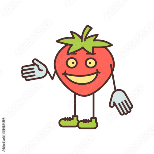 Strawberry character half turn points hand and smiling