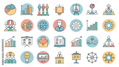 Colored Business, Management, Innovation, and Technology Icon Set

