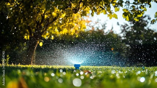 Bright Sunlight on Garden with Water Sprinkler in Action