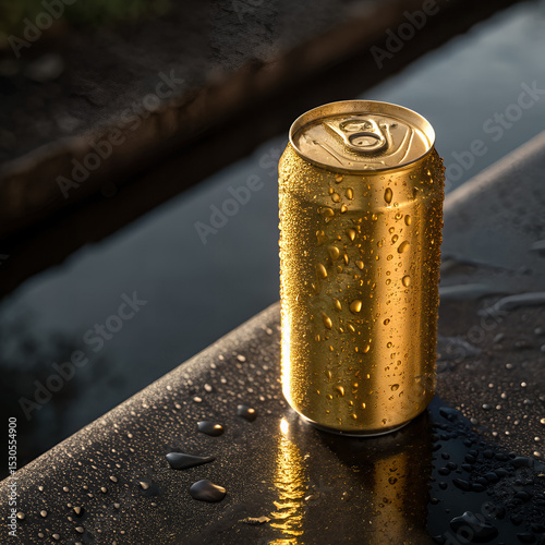 Golden Can: A refreshing beverage captured in a captivating shot, showcasing a glistening golden can adorned with delicate water droplets, positioned on a dark surface.