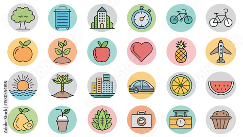 Colored Wellness and Lifestyle Icon Set on Circular Backgrounds

