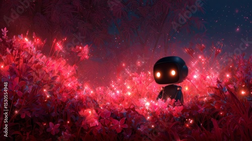 Lost Robot in a Glowing Red Forest