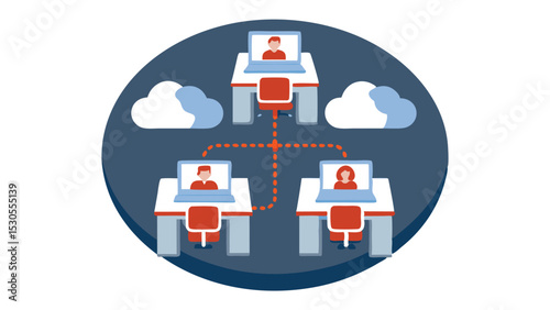 Illustration of online meeting with three people connected via cloud network system design