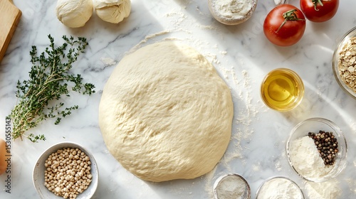 Freshly Prepared Pizza Dough Surrounded by Ingredients on Countertop