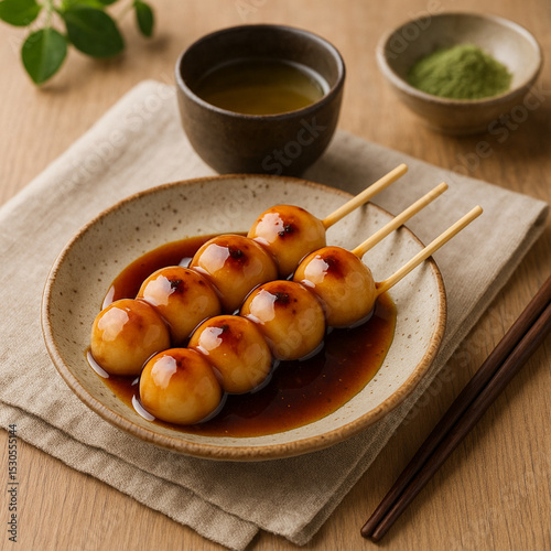 Mitarashi dango with a cup of green tea, a classic treat often enjoyed at festivals in Japan.

