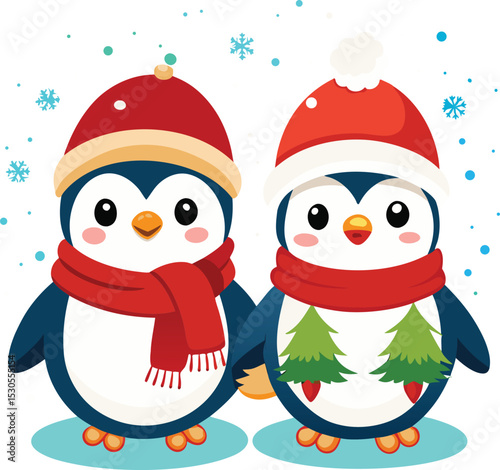 Two Cute Penguins Wearing Winter Hats and Scarves Illustration