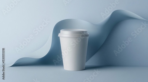 Minimalistic White Coffee Cup on Soft Blue Background with Waves