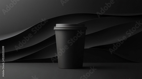 Black Coffee Cup on Dark Background with Curved Paper Waves