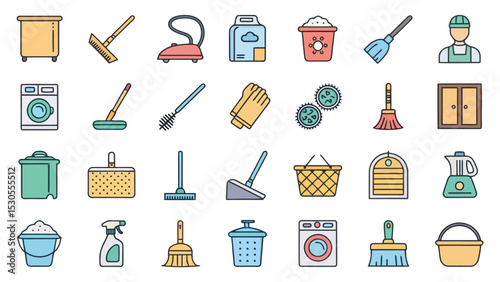 Colored House Cleaning Line Icon Set for Home Maintenance and Hygiene Services


