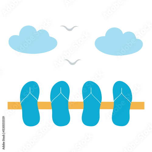 Flip-flops hanging on a wooden fence with seagulls flying above on white background