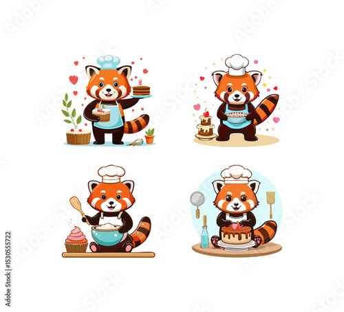 Cute Red Panda baking a cake