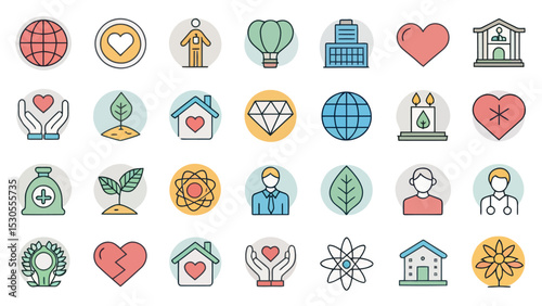 Colored Family and Community Support Icon Set for Charity, Care, and Wellness

