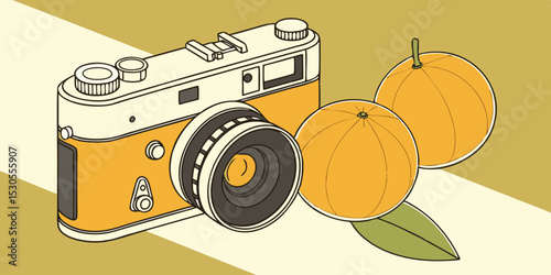 Vintage Camera and Oranges Illustration with a Retro Aesthetic Featuring Bold Outlines and a Warm Color Palette Perfect for Design Projects