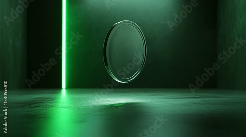Floating Coin with Green Neon Light in Dark Room Environment