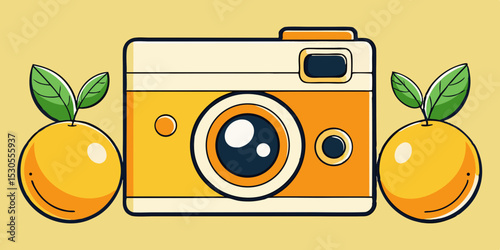 Retro Camera with Oranges Illustration a Vibrant and Playful Design Element for Creative Projects Marketing and Social Media Content Creation and Graphic Design