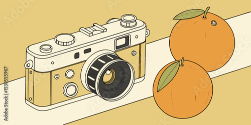 Retro Camera and Oranges Illustration with Clean Lines and a Muted Color Palette for a Vintage Aesthetic and a Modern Feel