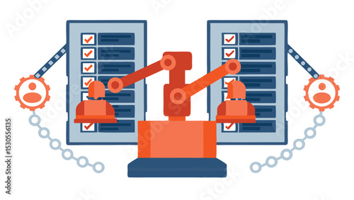 Automated task completion with robot arm checking boxes on lists connected to gears and people icons