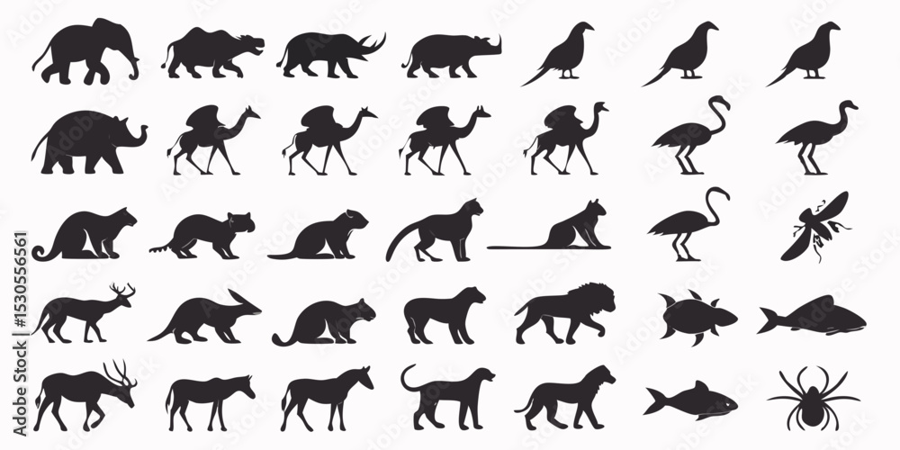 Fototapeta premium Collection of Animal Silhouettes Featuring Mammals Birds Insects and Fish in a Variety of Poses on a White Background Ideal for Design