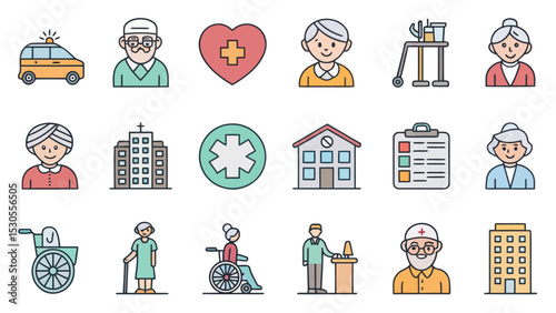Elderly Care Line Icon Set for Nursing Homes and Hospitals

