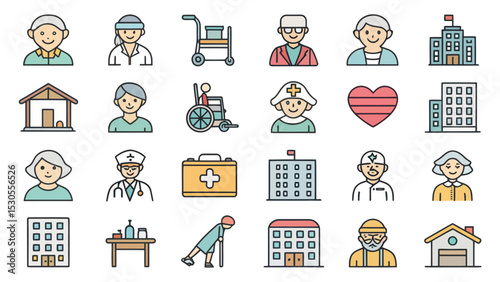 Elderly Care Line Icon Set for Nursing Homes and Hospitals

