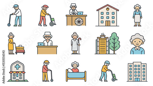 Elderly Care Line Icon Set for Nursing Homes and Hospitals

