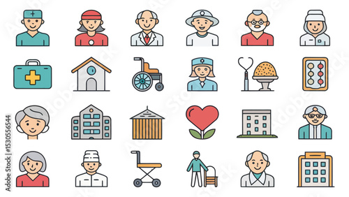 Elderly Care Line Icon Set for Nursing Homes and Hospitals


