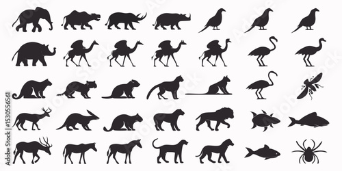 Collection of Animal Silhouettes Featuring Mammals Birds Insects and Fish in a Variety of Poses on a White Background Ideal for Design