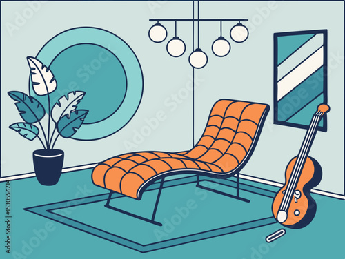 Stylish Living Room Interior with Modern Furniture and Decor Featuring a Chaise Lounge Cello and Potted Plant in a Minimalist Design