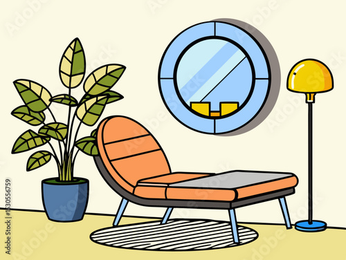 Stylized Interior Illustration with Lounge Chair Houseplant Round Window and Floor Lamp in a Modern Minimalist Design Aesthetic