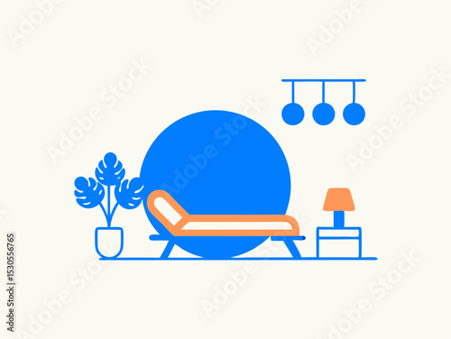Modern Interior Design with Chaise Lounge Plant Lamp and Lighting Fixture in Blue and Orange Colors on a White Background