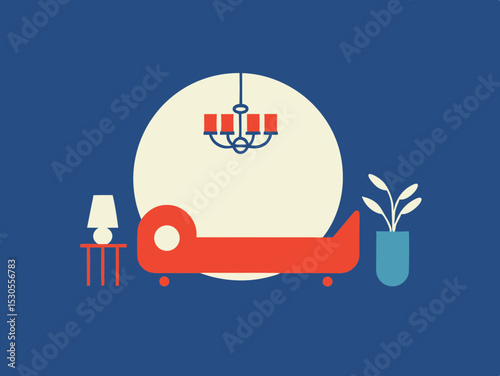 Minimalist Living Room Illustration with Couch Lamp Chandelier and Plant on a Dark Blue Background for Interior Design Concepts
