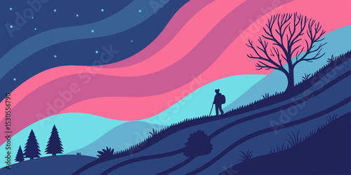 Silhouette of a Hiker in a Colorful Landscape with Hills Trees and a Wavy Sky at Dusk or Dawn in Vector Illustration