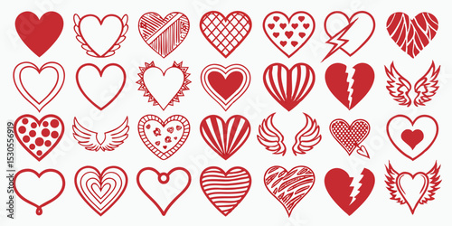 Diverse Collection of Red Heart Illustrations for Valentine s Day and Love Concepts Featuring Wings Patterns and Broken Hearts