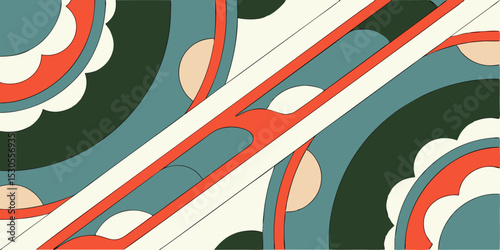 Abstract Retro Pattern with Curved Shapes and Lines in Teal Coral Cream and Dark Green for a Vintage Inspired Design