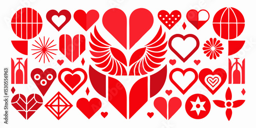 Geometric Heart Collection in Red Tones for Valentine s Day Love and Romance with Abstract Shapes and Graphic Design Elements on White Background