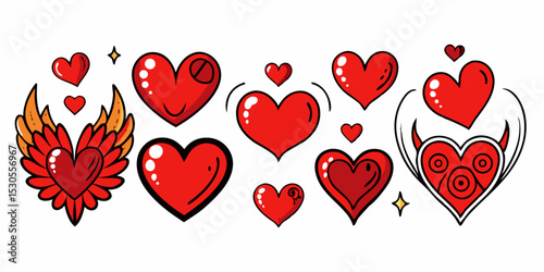 Collection of Whimsical Red Hearts with Unique Designs for Valentine s Day and Love Themes Perfect for Graphic Design and Illustration Projects