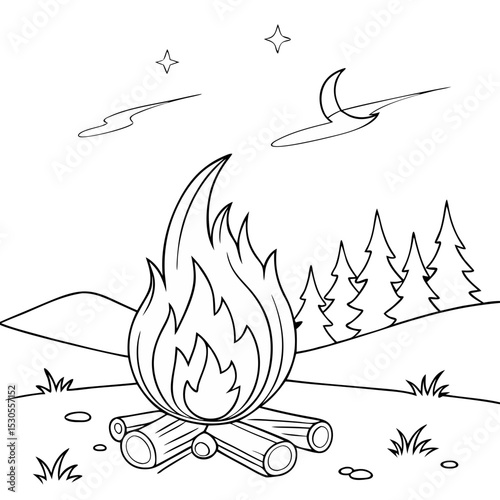 Illustration of a campfire with flames rising from logs, accompanied by a bird flying above, creating a serene outdoor atmosphere for relaxation and adventure