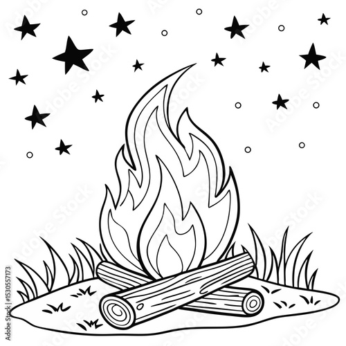 Campfire illustration with logs burning brightly, surrounded by grass and stars in the night sky, creating a cozy outdoor atmosphere for storytelling and relaxation
