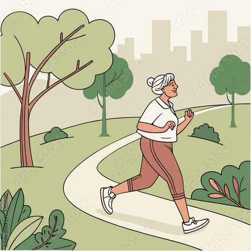 Senior woman jogging in a park, wearing comfortable athletic clothing, surrounded by greenery and trees, promoting a healthy lifestyle and active living in an urban environment