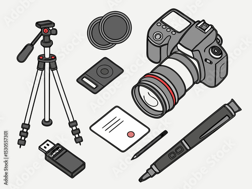 Isometric Illustration of Photography Equipment Including a Camera Tripod Flash Drive Lens and Pen on a White Background