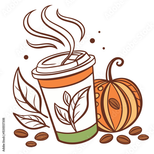 Warm beverage in a paper cup with steam rising, surrounded by coffee beans and a pumpkin, creating a cozy autumn atmosphere with natural elements
