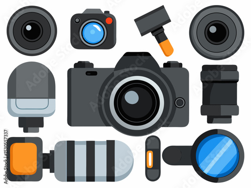 Flat Vector Illustration of Camera Equipment Set Including Lenses Flash Viewfinder and More for Photography Enthusiasts and Professional Photographers Alike