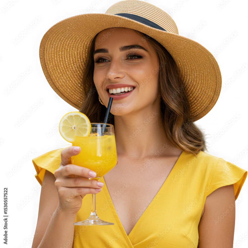 Woman in yellow dress enjoying a citrus cocktail isolated on transparent background Woman in yellow dress enjoying a citrus cocktail isolated on transparent background
