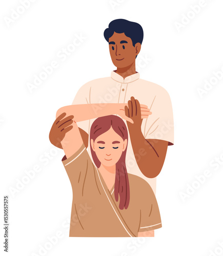 Professional asian massage therapist stretches a client's arm during Thai yoga massage. Hand drawn vector illustration.