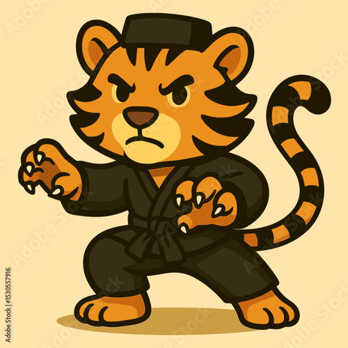 A cartoon tiger in a silat pose with claws slightly extended, looking fierce yet adorable. Its tail curls up like a spiral, adding a dynamic touch. Unique, funky, and cute style, plain background.
