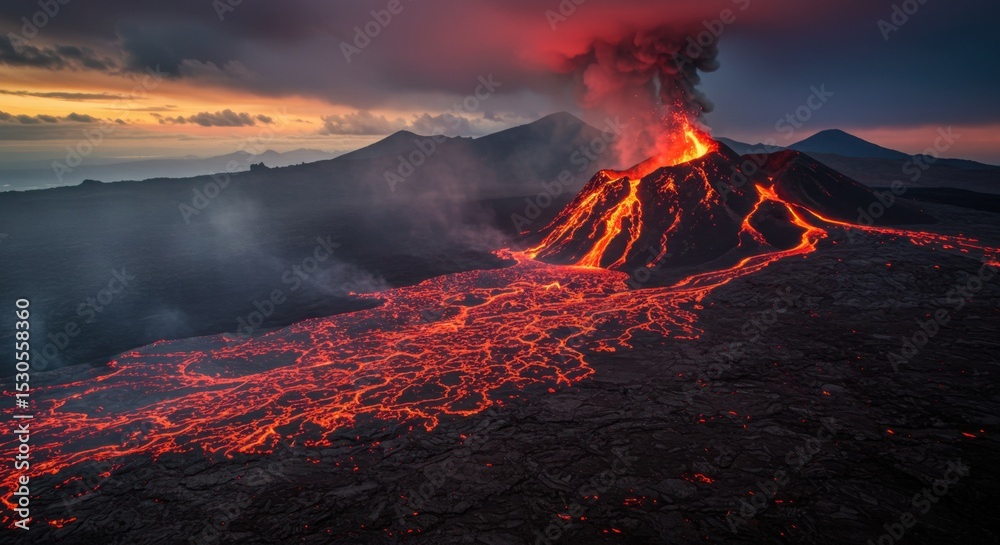 Fototapeta premium Stylized Volcanic Island with Lava Flowing in Waves