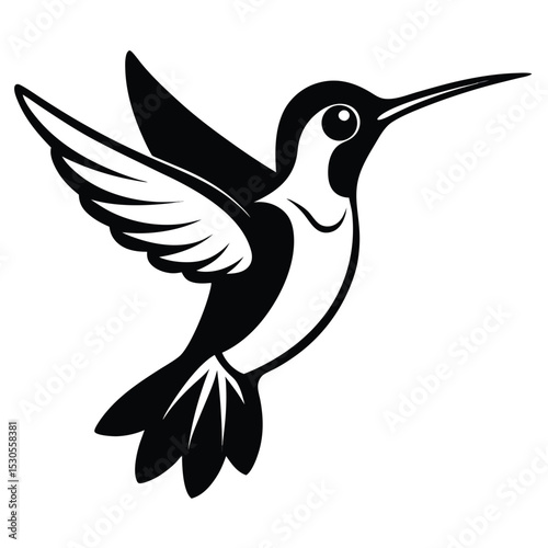 Black and white stylized hummingbird flaps wings and displays elegant form against a clear background