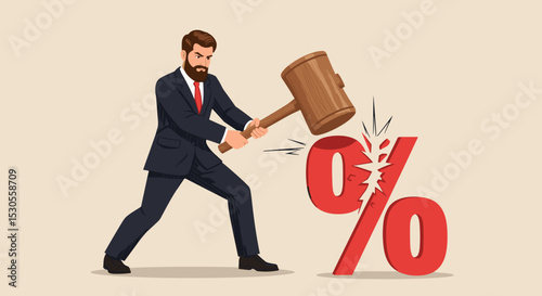 Federal Reserve low interest rate or central bank with long time zero percent interest rate until economic recover concept, businessman FED leader using hammer to nailed percentage sign to the floor. 