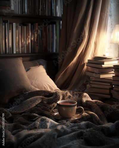 Cozy bed with books and warm cup of coffee.