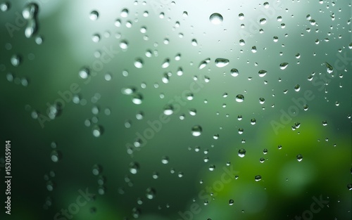 Raindrops scattering across a windowpane with a calming green backdrop, emphasizing the gentle rhythm of the rain. High quality